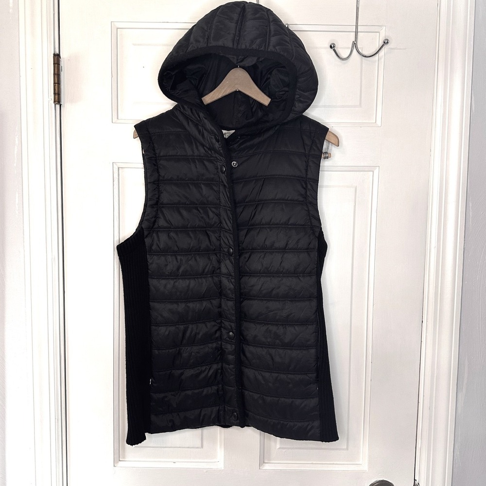 Artisan NY Quilted‎ Puffer Vest with Hood Black Ribbed Knit Sleeveless Jacket